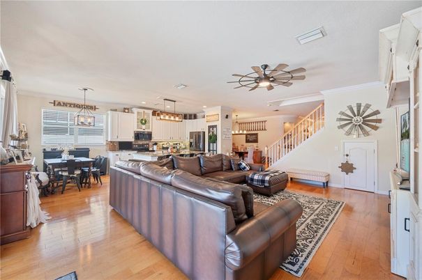 Dining room, Interior, Kitchen, Living room, Pendant Lights, Recessed Lighting, Stainless Steel Appliances, Wood Texture Flooring