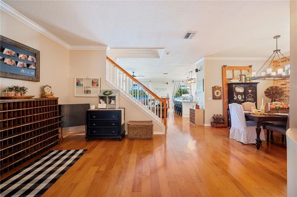 Dining room, Interior, Pendant Lights, Recessed Lighting, Wood Texture Flooring