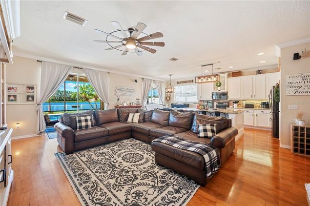 Interior, Kitchen, Living room, Pendant Lights, Recessed Lighting, Wood Texture Flooring