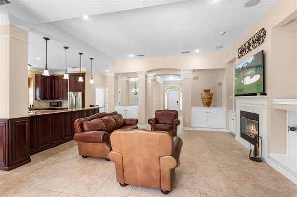 Fireplace, Interior, Kitchen, Living room, Pendant Lights, Recessed Lighting, Stainless Steel Appliances