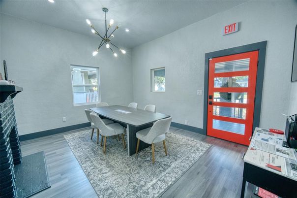 Dining room, Interior, Pendant Lights, Wood Texture Flooring