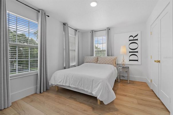 Bedroom, Interior, Recessed Lighting, Wood Texture Flooring