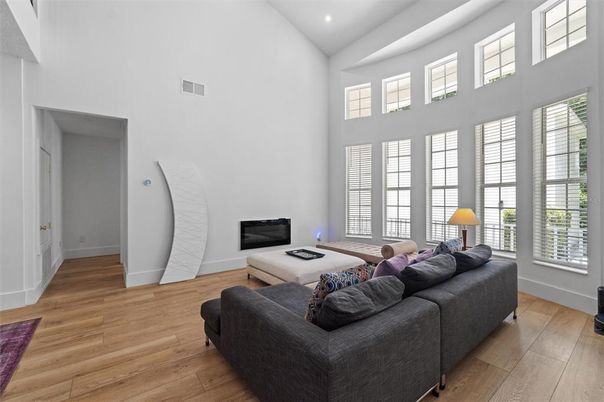 Fireplace, Interior, Living room, Recessed Lighting, Wood Texture Flooring