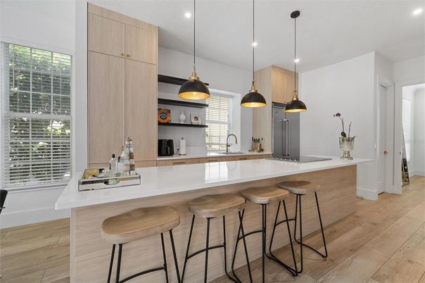 Interior, Kitchen, Pendant Lights, Recessed Lighting, Wood Texture Flooring