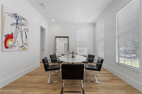 Dining room, Interior, Recessed Lighting, Wood Texture Flooring
