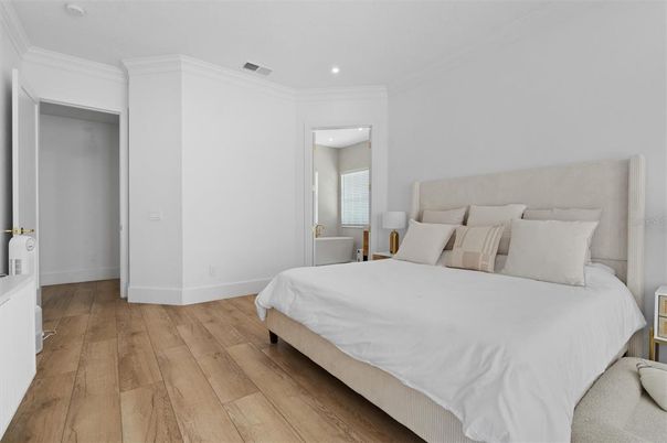 Bedroom, Interior, Recessed Lighting, Wood Texture Flooring
