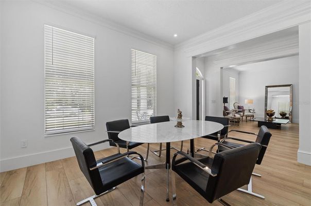 Dining room, Interior, Recessed Lighting, Wood Texture Flooring