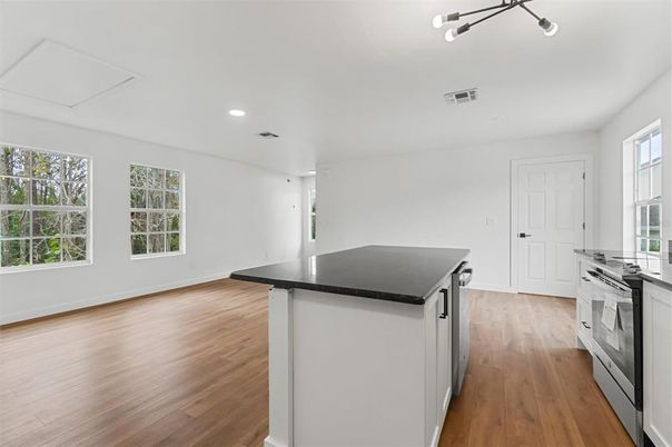 Interior, Kitchen, Recessed Lighting, Wood Texture Flooring