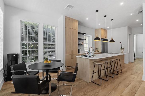 Dining room, Interior, Kitchen, Pendant Lights, Recessed Lighting, Wood Texture Flooring
