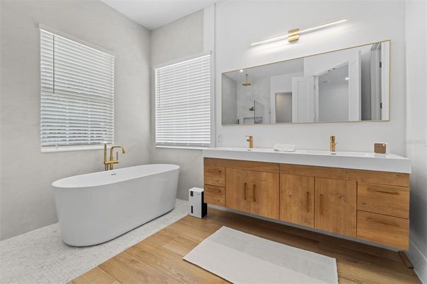 Bathroom, Dual Sink Vanities, Free Standing Baths, Interior, Wood Texture Flooring