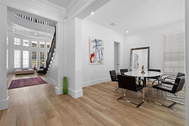 Dining room, Interior, Recessed Lighting, Wood Texture Flooring
