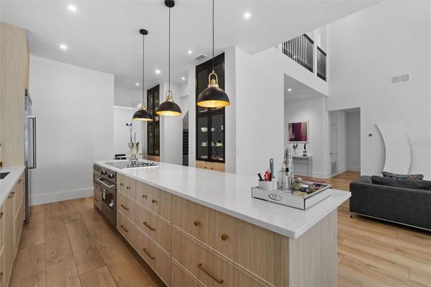 Interior, Kitchen, Pendant Lights, Recessed Lighting, Wood Texture Flooring