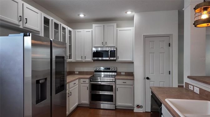 Interior, Kitchen, Recessed Lighting, Stainless Steel Appliances, Wood Texture Flooring