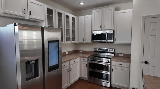 Interior, Kitchen, Recessed Lighting, Stainless Steel Appliances, Wood Texture Flooring