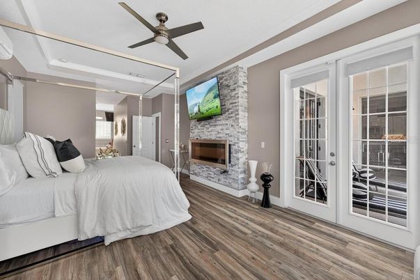 Bedroom, Interior, Stone Walls, Wood Texture Flooring