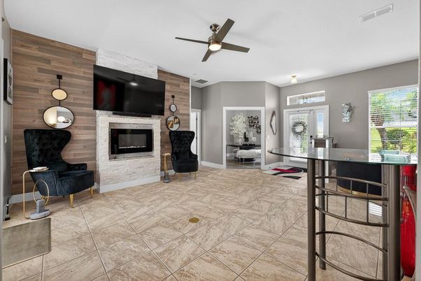 Fireplace, Interior, Pendant Lights, Wooden Walls
