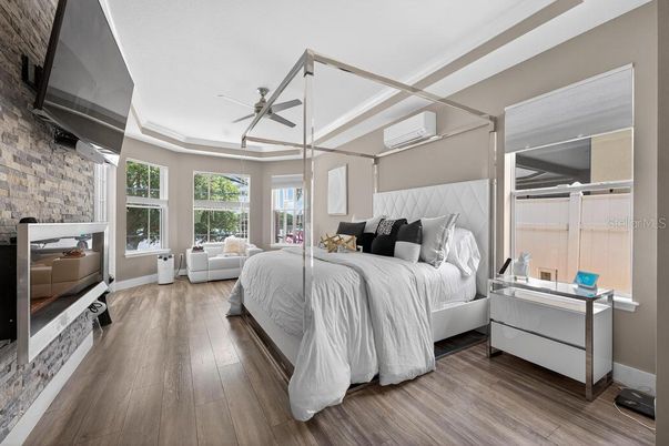 Bedroom, Interior, Stone Walls, Wood Texture Flooring