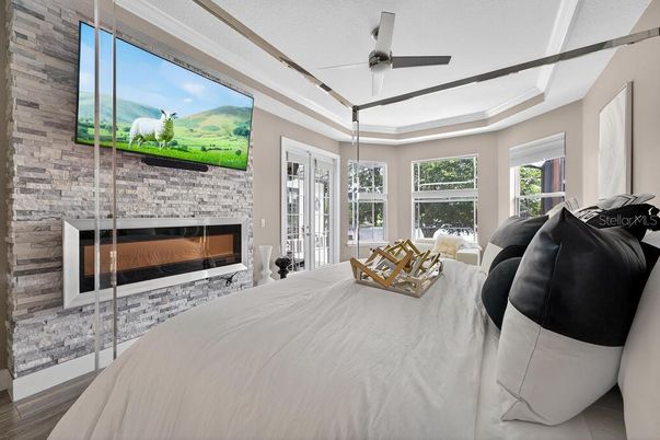 Bedroom, Fireplace, Interior, Wood Texture Flooring