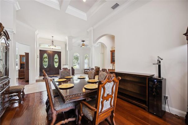 Dining room, Interior, Pendant Lights, Wood Texture Flooring