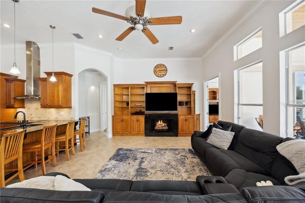 Fireplace, Interior, Kitchen, Living room, Pendant Lights, Recessed Lighting