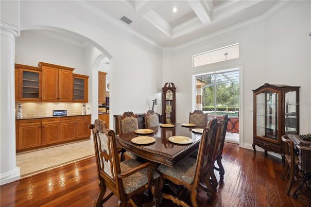 Dining room, Interior, Recessed Lighting, Wood Texture Flooring