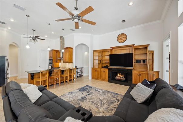 Fireplace, Interior, Kitchen, Living room, Pendant Lights, Recessed Lighting