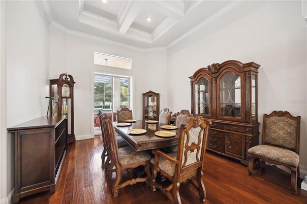 Dining room, Interior, Recessed Lighting, Wood Texture Flooring