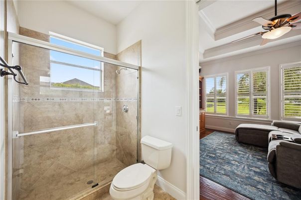 Bathroom, Glass Shower, Interior, Wood Texture Flooring