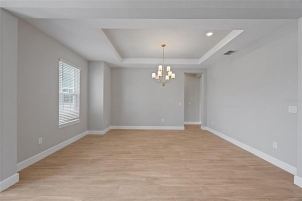 Chandelier, Empty room, Interior, Recessed Lighting, Wood Texture Flooring