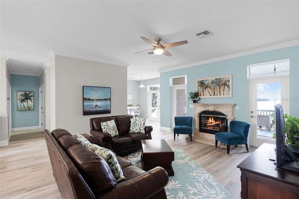 Fireplace, Interior, Living room, Pendant Lights, Wood Texture Flooring