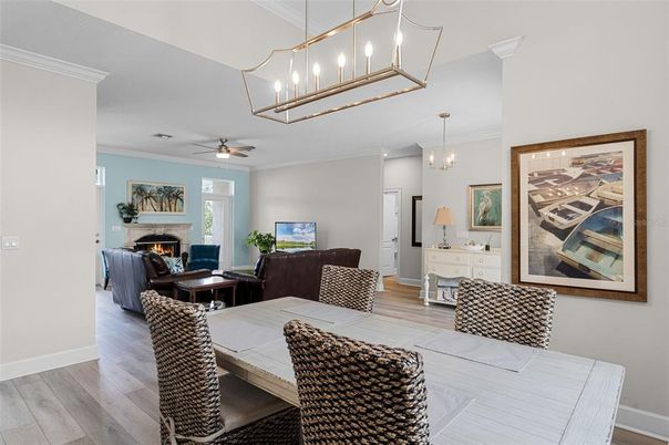 Dining room, Fireplace, Interior, Living room, Pendant Lights, Wood Texture Flooring