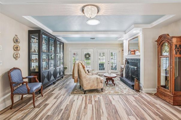 Fireplace, Interior, Recessed Lighting, Wood Texture Flooring