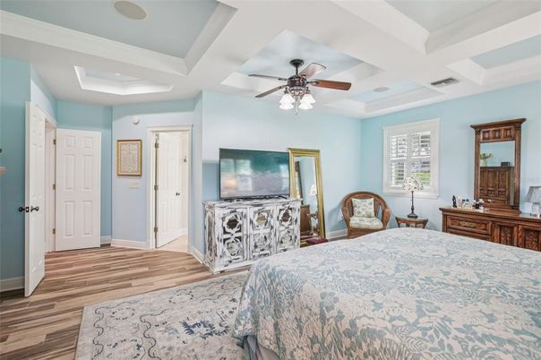 Bedroom, Interior, Recessed Lighting, Wood Texture Flooring