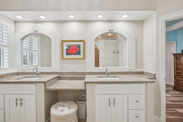 Bathroom, Dual Sink Vanities, Interior, Recessed Lighting, Wood Texture Flooring