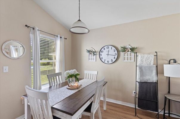 Dining room, Interior, Pendant Lights, Wood Texture Flooring