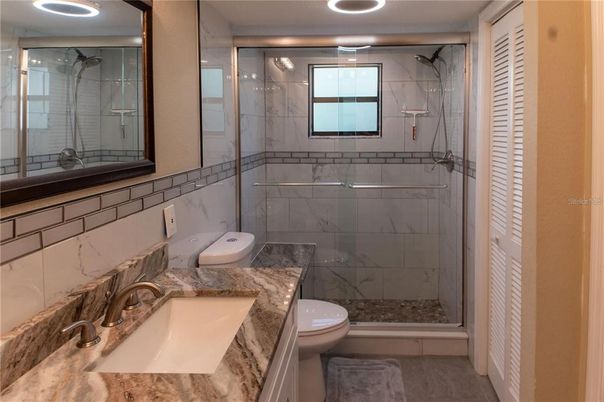 Bathroom, Glass Shower, Interior, Marble Walls, Recessed Lighting