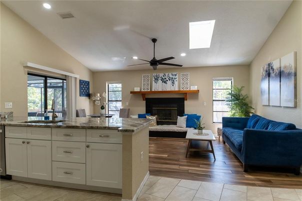 Fireplace, Interior, Living room, Recessed Lighting, Wood Texture Flooring