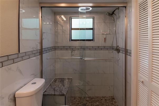 Bathroom, Glass Shower, Interior, Marble Walls, Recessed Lighting