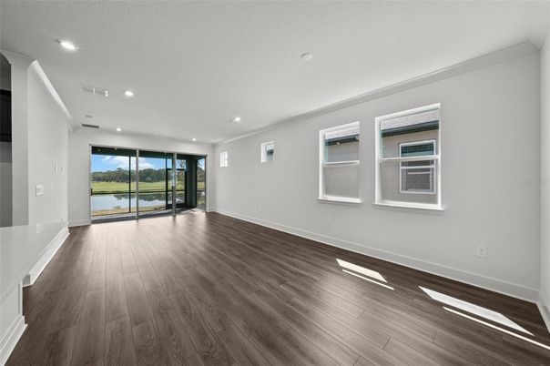 Empty room, Interior, Recessed Lighting, Water, Wood Texture Flooring