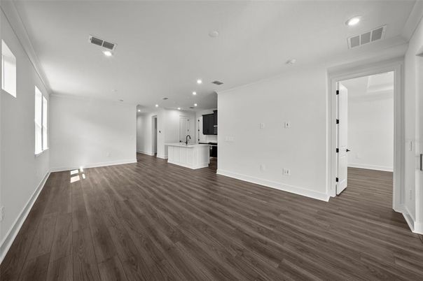Empty room, Interior, Kitchen, Recessed Lighting, Wood Texture Flooring