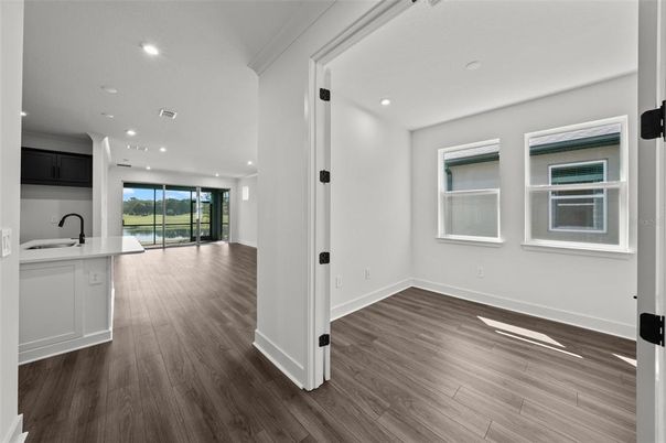 Empty room, Interior, Kitchen, Recessed Lighting, Wood Texture Flooring