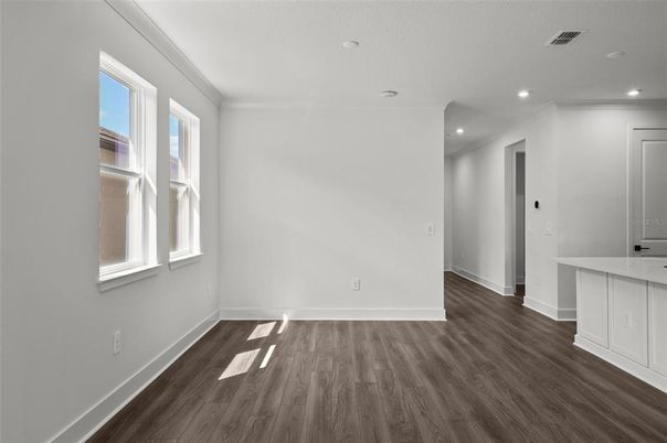 Empty room, Interior, Recessed Lighting, Wood Texture Flooring