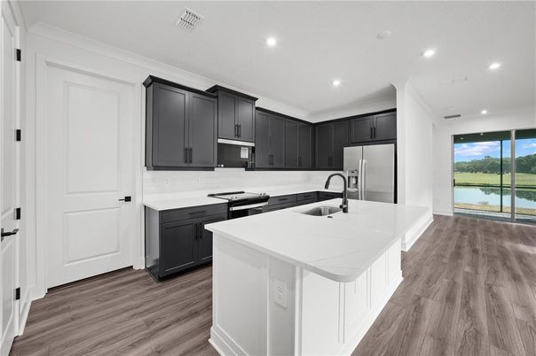 Interior, Kitchen, Recessed Lighting, Water, Wood Texture Flooring