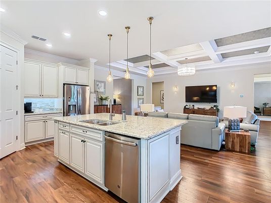 Interior, Kitchen, Living room, Pendant Lights, Recessed Lighting, Stainless Steel Appliances, Wood Texture Flooring
