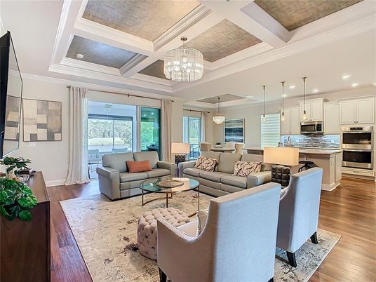 Chandelier, Dining room, Interior, Kitchen, Living room, Pendant Lights, Recessed Lighting, Stainless Steel Appliances, Wood Texture Flooring