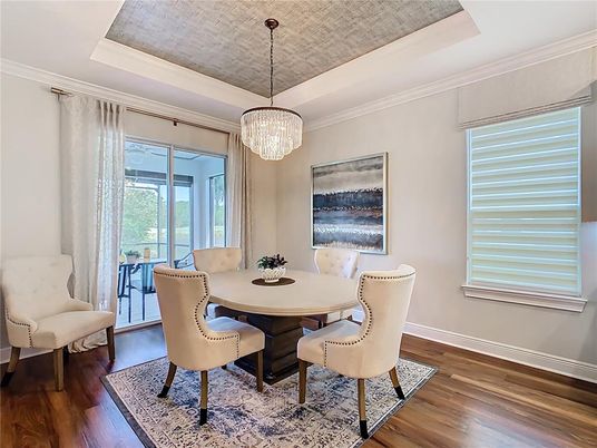 Chandelier, Dining room, Interior, Wood Texture Flooring
