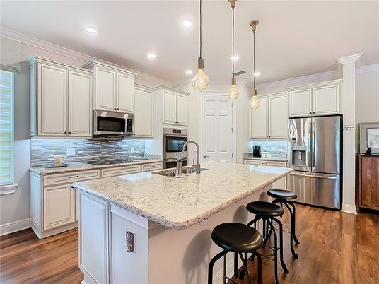 Interior, Kitchen, Pendant Lights, Recessed Lighting, Stainless Steel Appliances, Wood Texture Flooring
