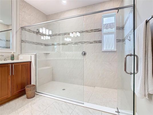 Bathroom, Glass Shower, Interior, Marble, Marble Walls, Recessed Lighting