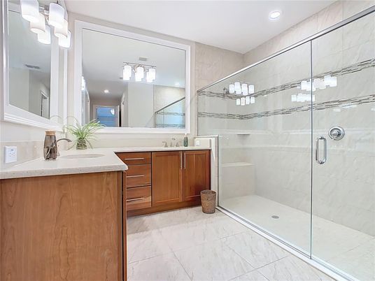 Bathroom, Glass Shower, Interior, Marble, Recessed Lighting