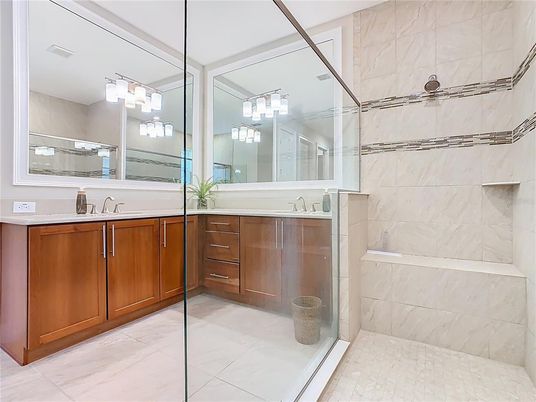 Bathroom, Dual Sink Vanities, Glass Shower, Interior, Marble Walls